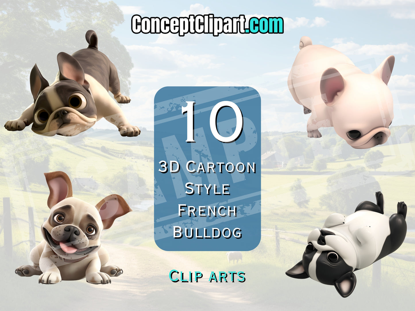 10 x 3D Cartoon Style French Bulldogs Clipart Bundle