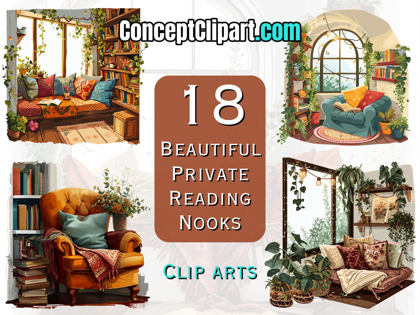18 x "Cosy Reading Nooks" Designs Clipart Bundle