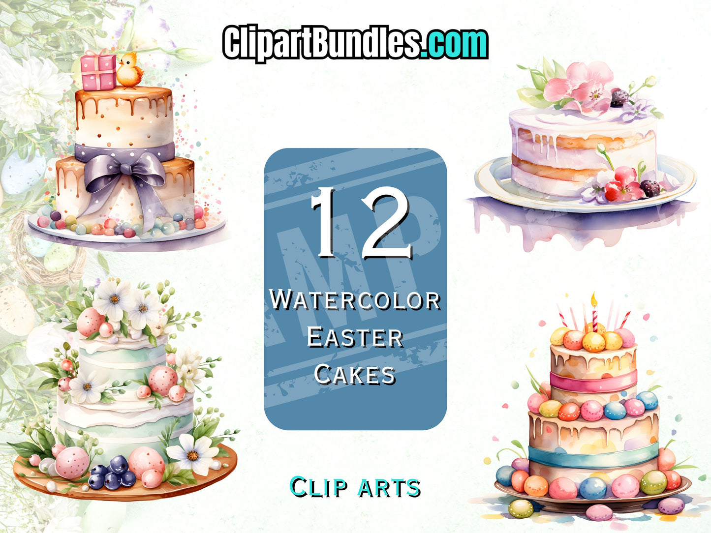12 Watercolor Easter Cakes Clipart Bundle