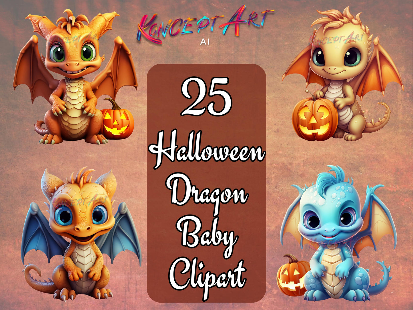 25 Halloween Dragon Baby Clipart Bundle