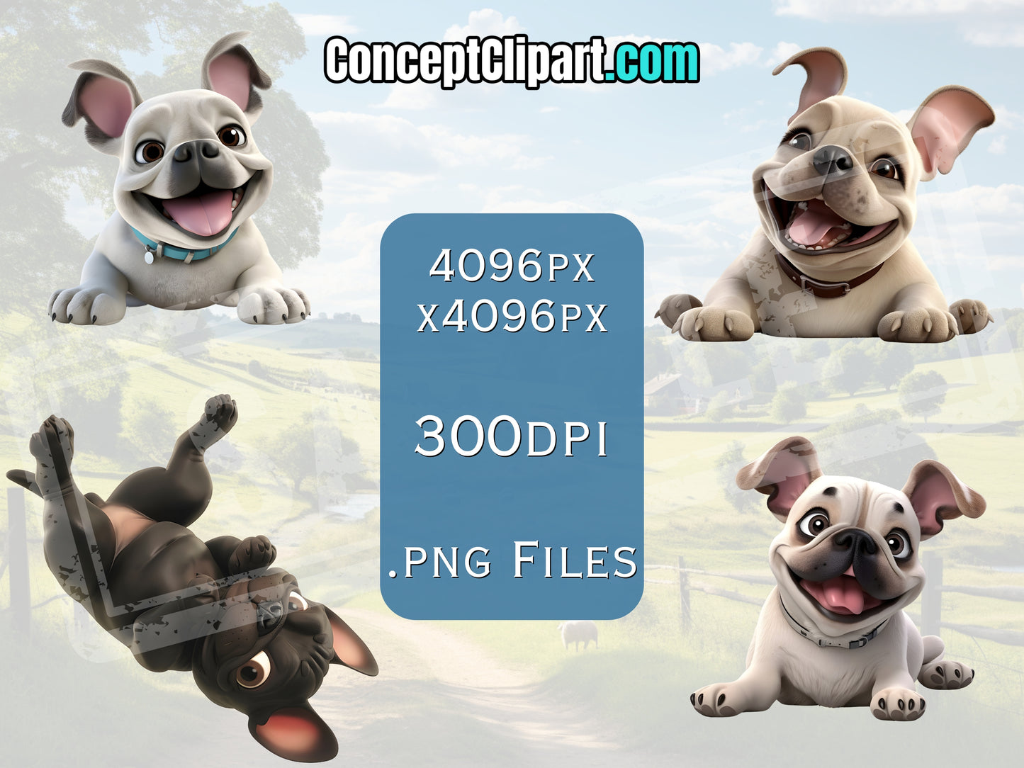 10 x 3D Cartoon Style French Bulldogs Clipart Bundle