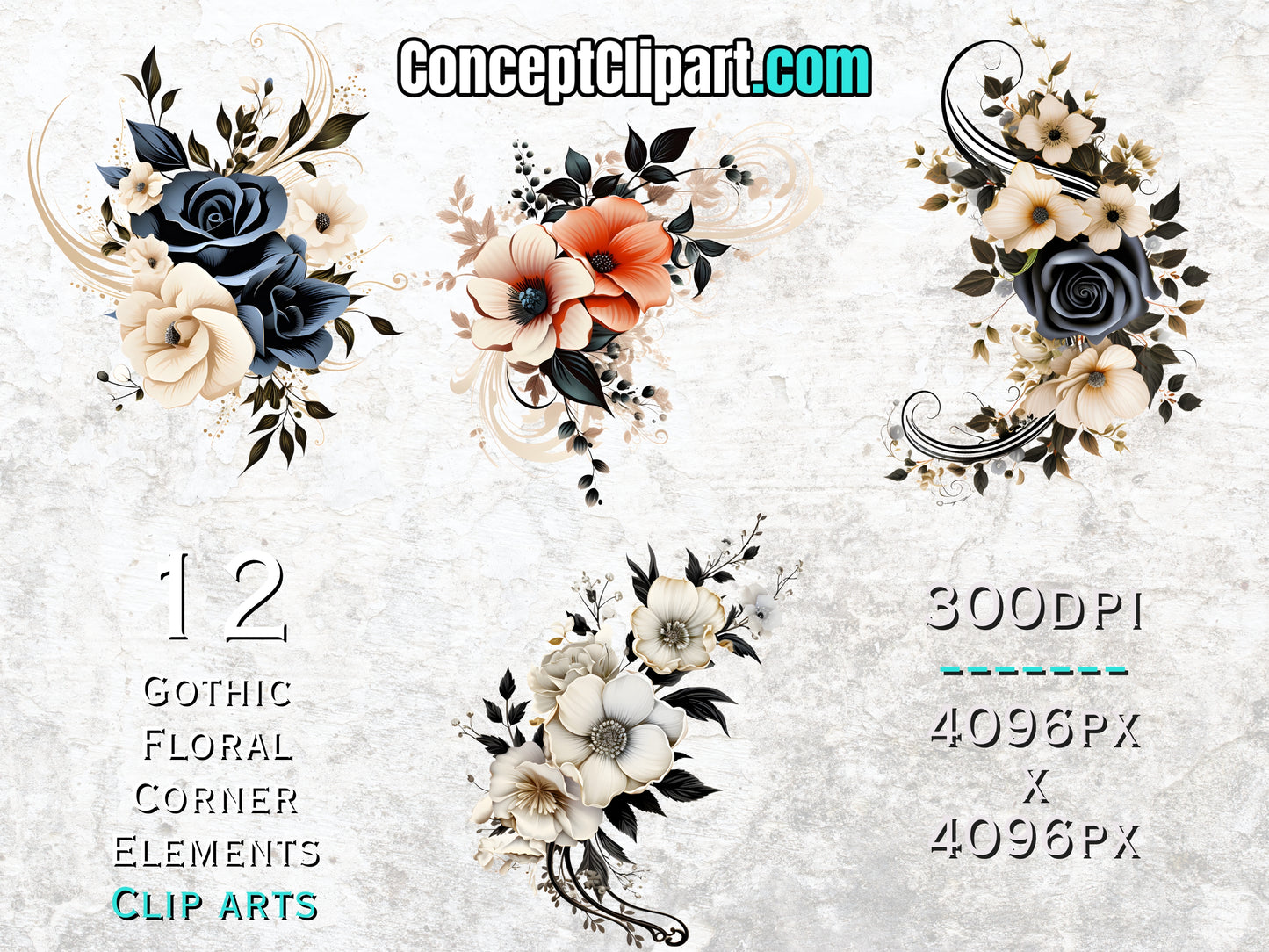 12 x Gothic Floral Corner Elements Clipart Bundle