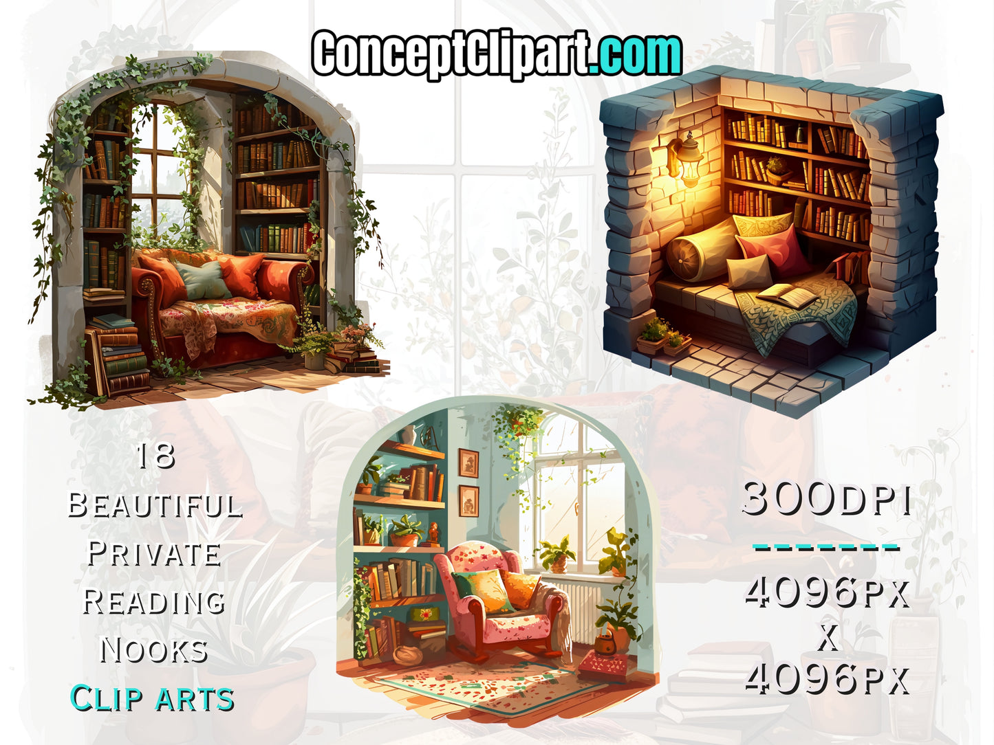 18 x "Cosy Reading Nooks" Designs Clipart Bundle