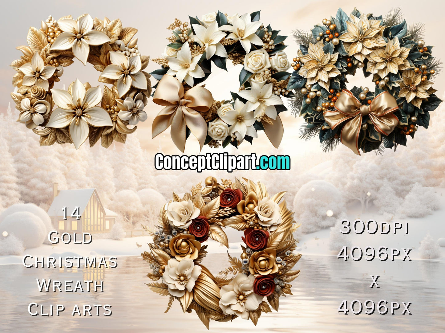 14 x Gold Cute Christmas Wreaths Clip Art Bundle