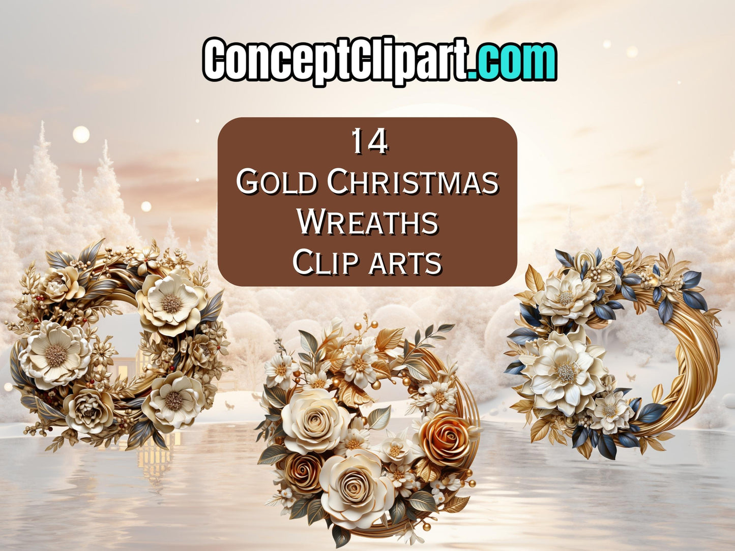 14 x Gold Cute Christmas Wreaths Clip Art Bundle