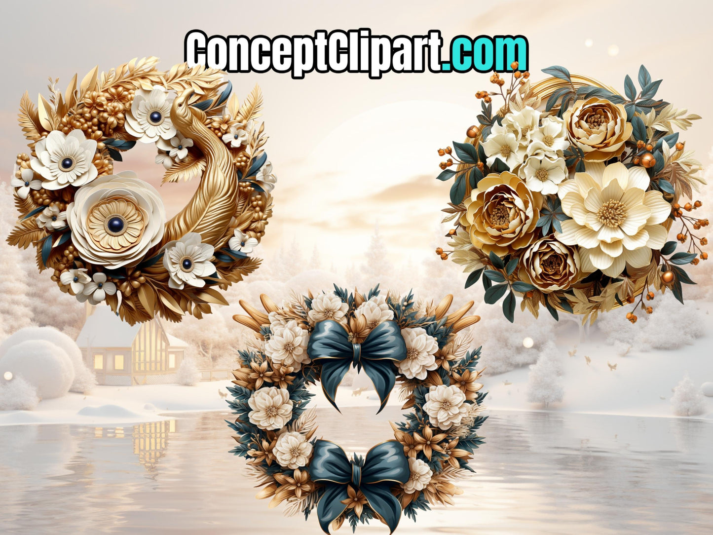 14 x Gold Cute Christmas Wreaths Clip Art Bundle