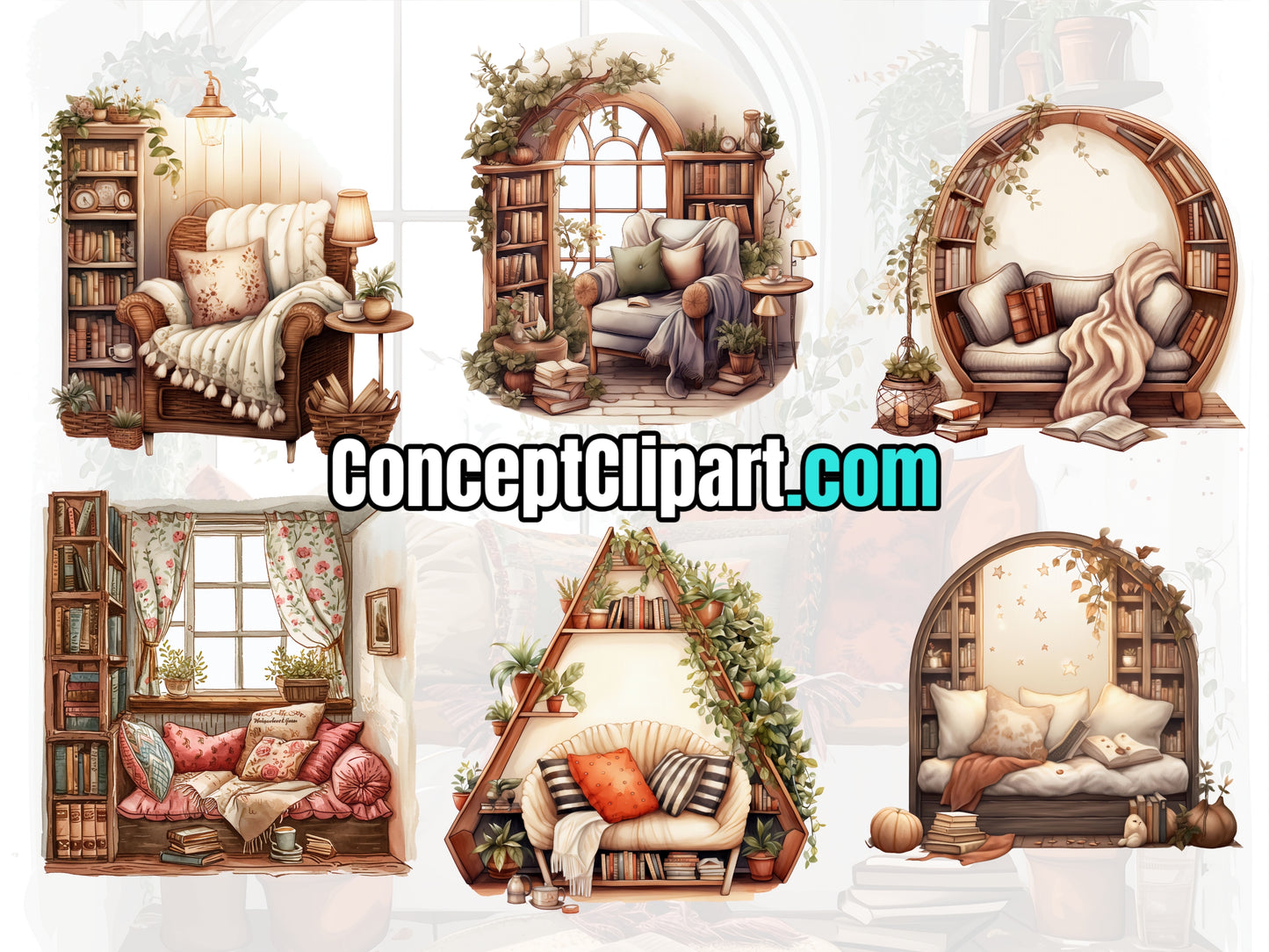 18 x "Cosy Reading Nooks" Designs Clipart Bundle