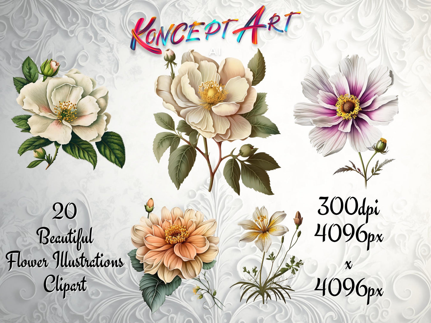 20 x Beautiful Illustrated Flowers Clipart Bundle