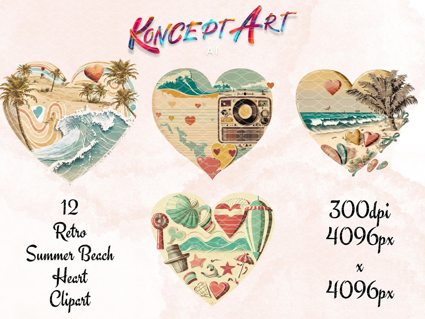 12 Retro Beach Heart Clipart Bundle