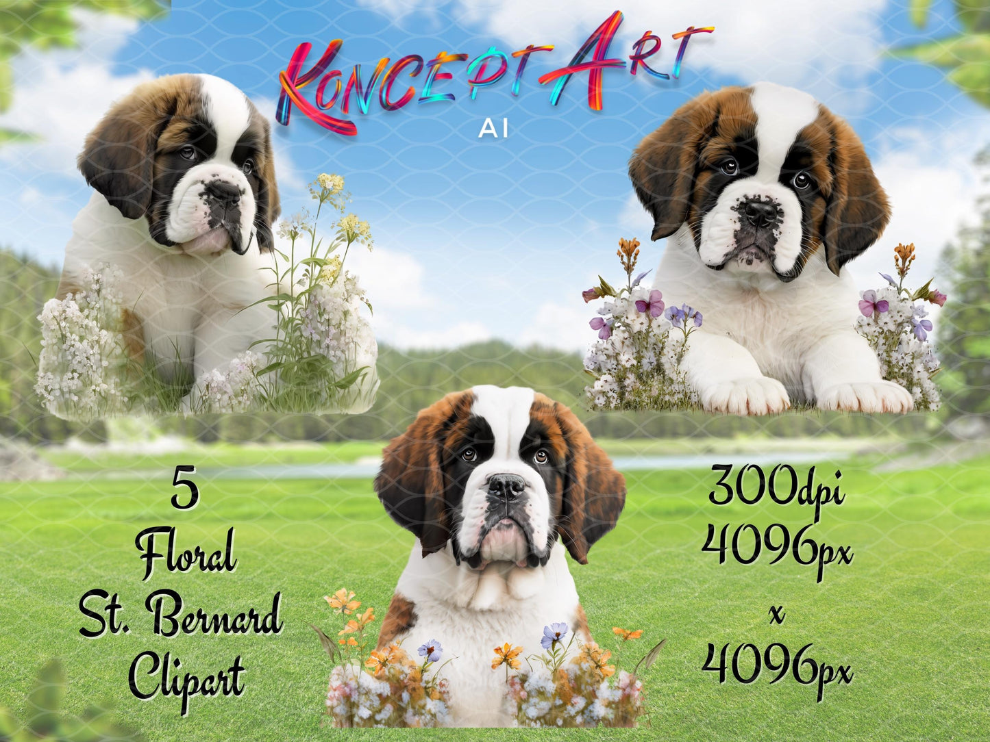 5 x Floral St. Bernard Clipart Bundle