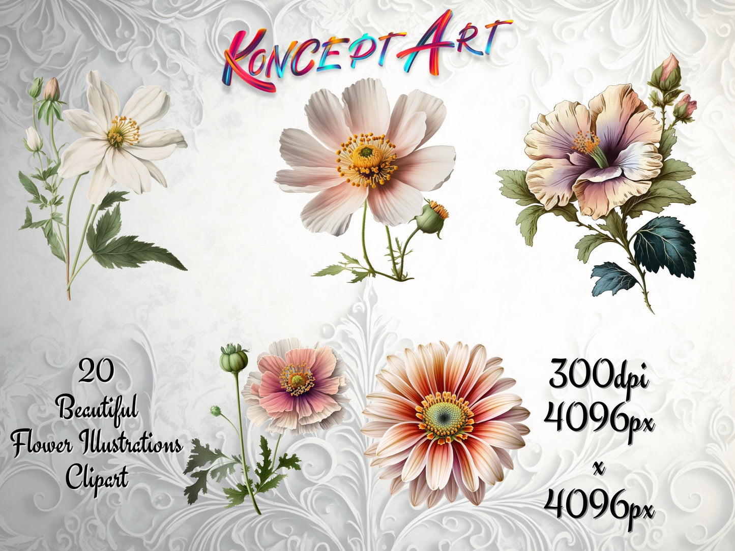 20 x Beautiful Illustrated Flowers Clipart Bundle