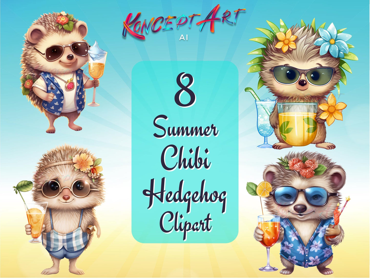 8 x Beautiful Summer Chibi Hedgehog Clipart Bundle