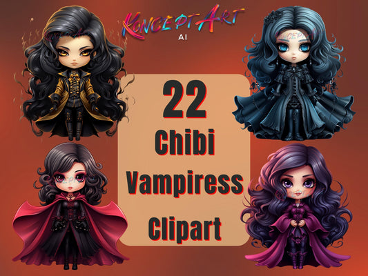 22 Beautiful Chibi Vampiress Clipart Bundle