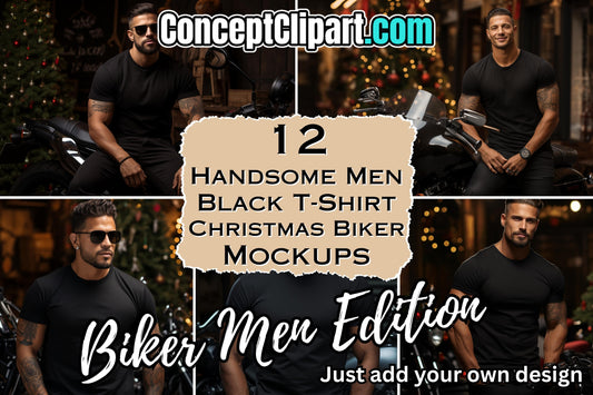 12 Christmas Biker Male Model Black T-shirt Mockups