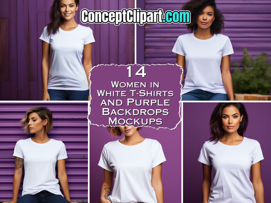 14 Women White T-Shirt with Purple Backdrops Mockups