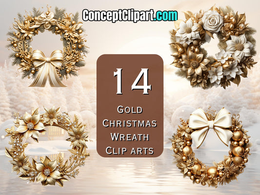 14 x Gold Cute Christmas Wreaths Clip Art Bundle