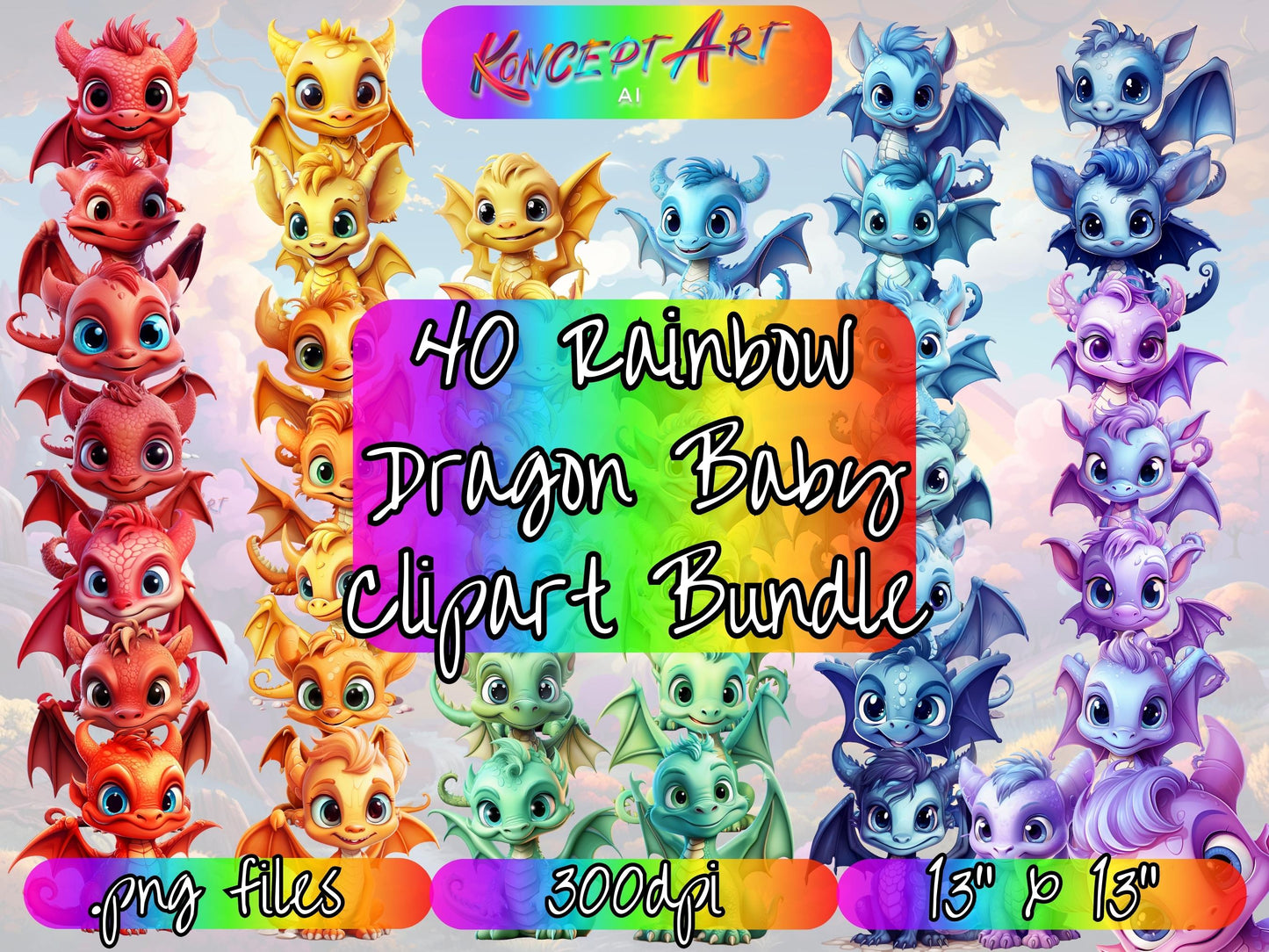 40 x Rainbow Baby Dragon Head Clipart Bundle