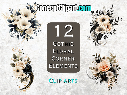 12 x Gothic Floral Corner Elements Clipart Bundle