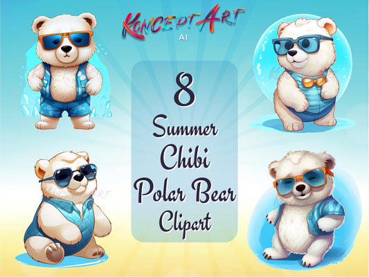 8 x Beautiful Summer Chibi Polar Bear Clipart Bundle
