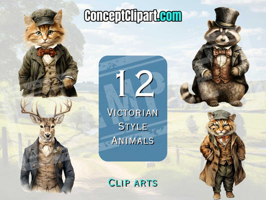 12 x Victorian Style Animals Clipart Bundle