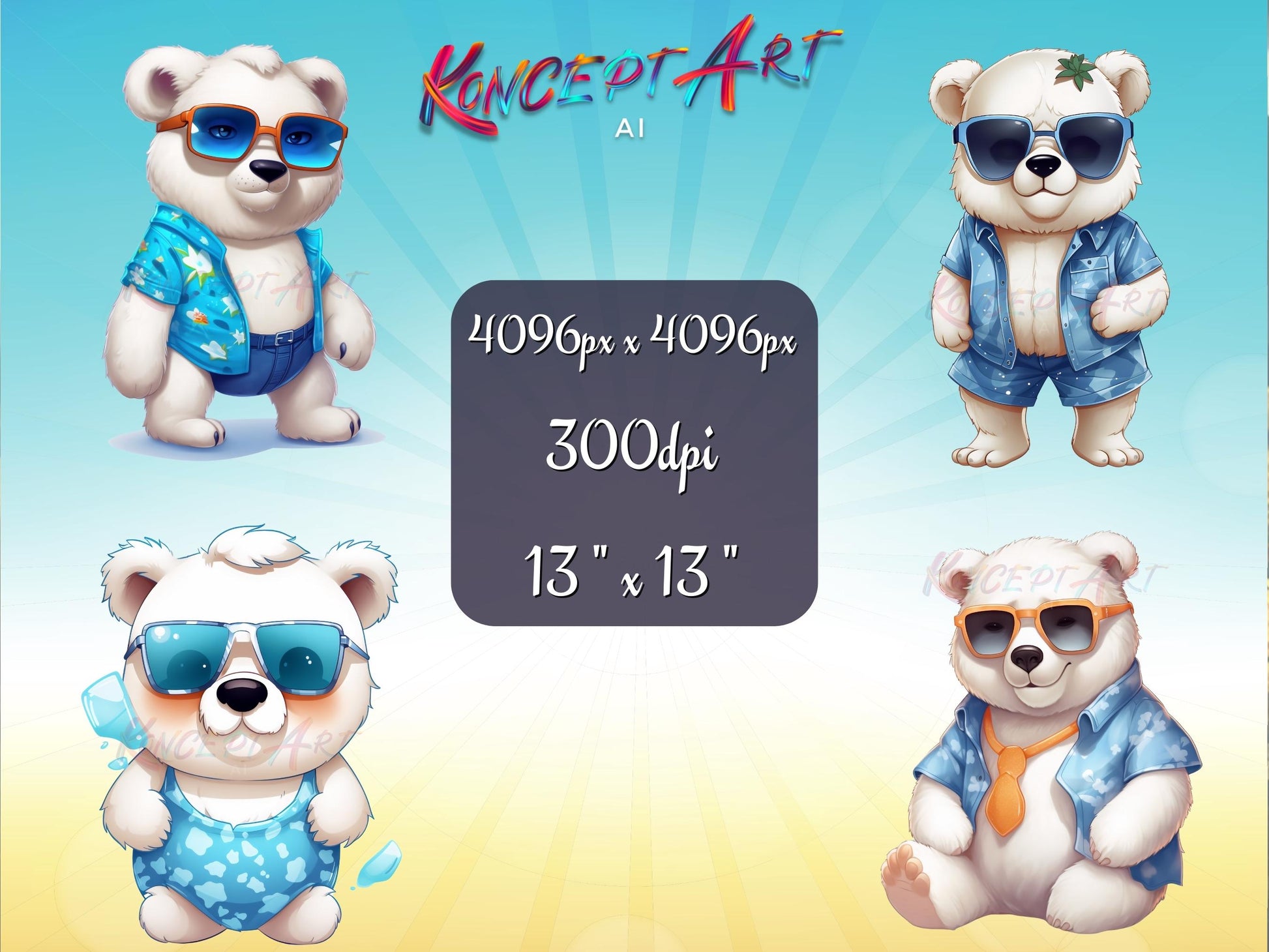 x Beautiful Summer Chibi Polar Bear Clipart Bundle