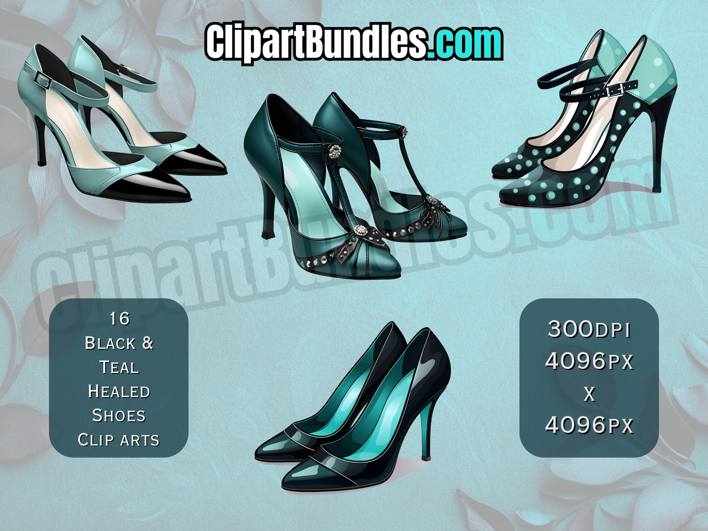 16 x Black and Teal Healed Shoes Clipart Bundle