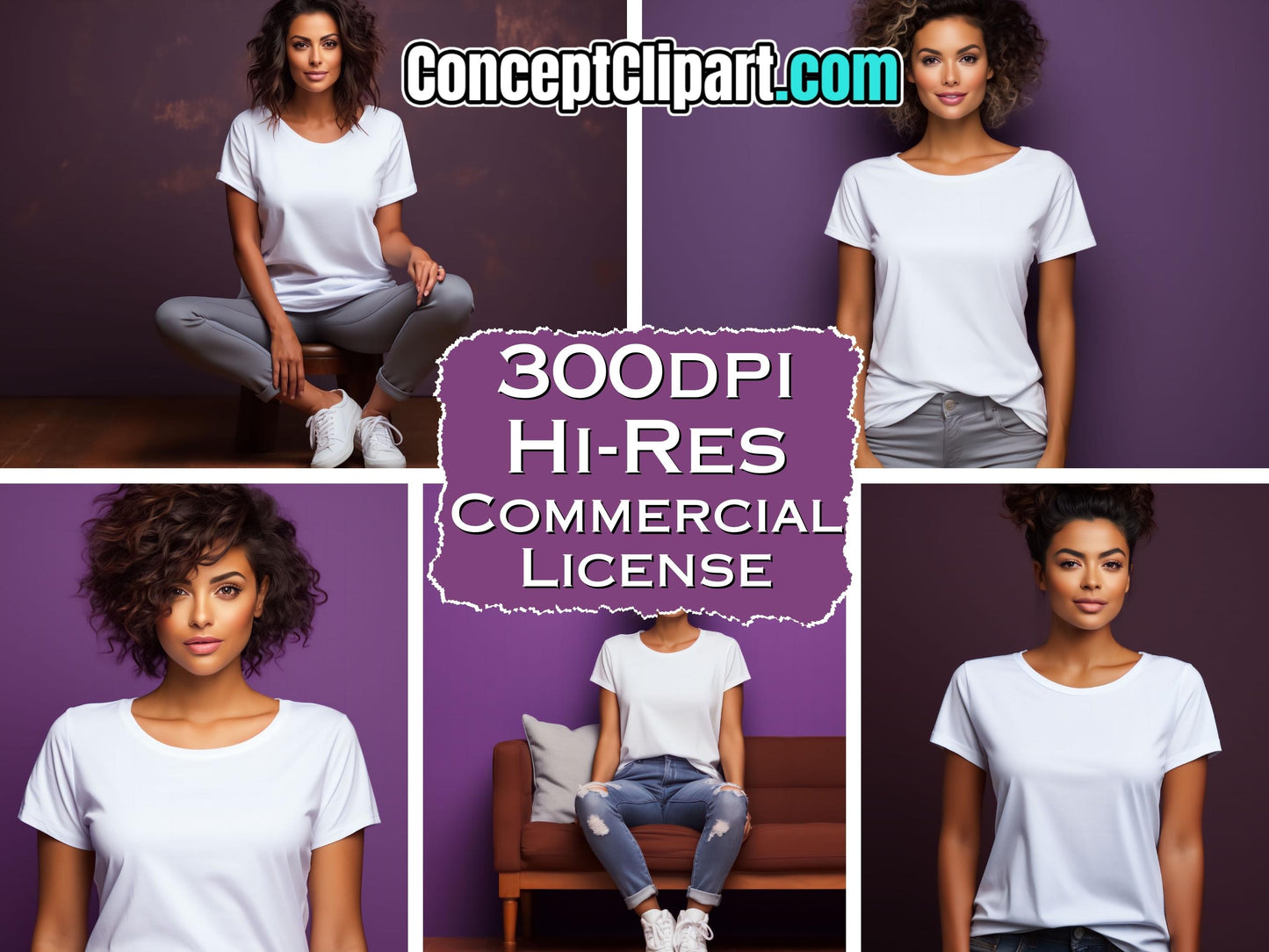 14 Women White T-Shirt with Purple Backdrops Mockups