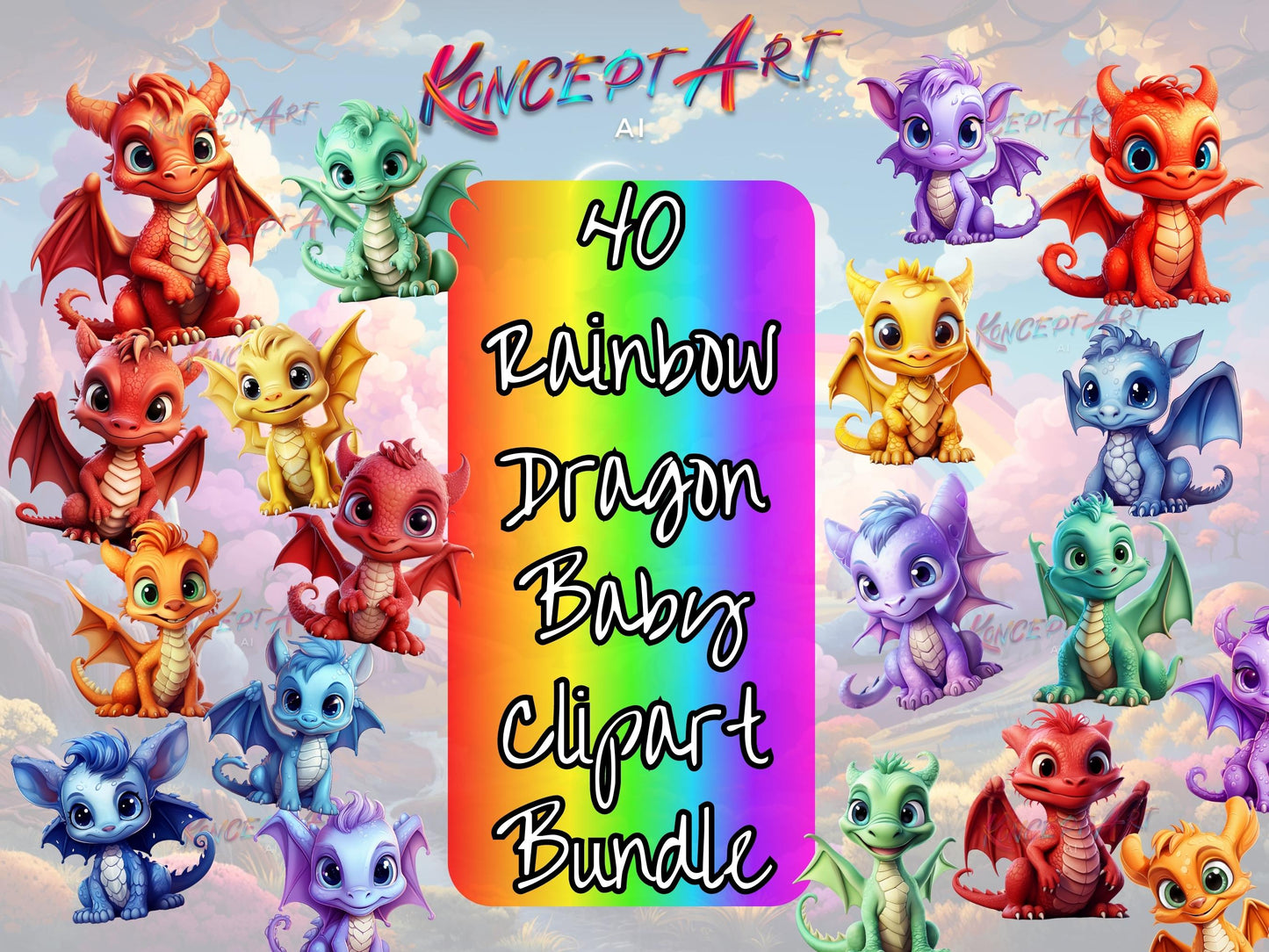 40 x Rainbow Baby Dragon Head Clipart Bundle