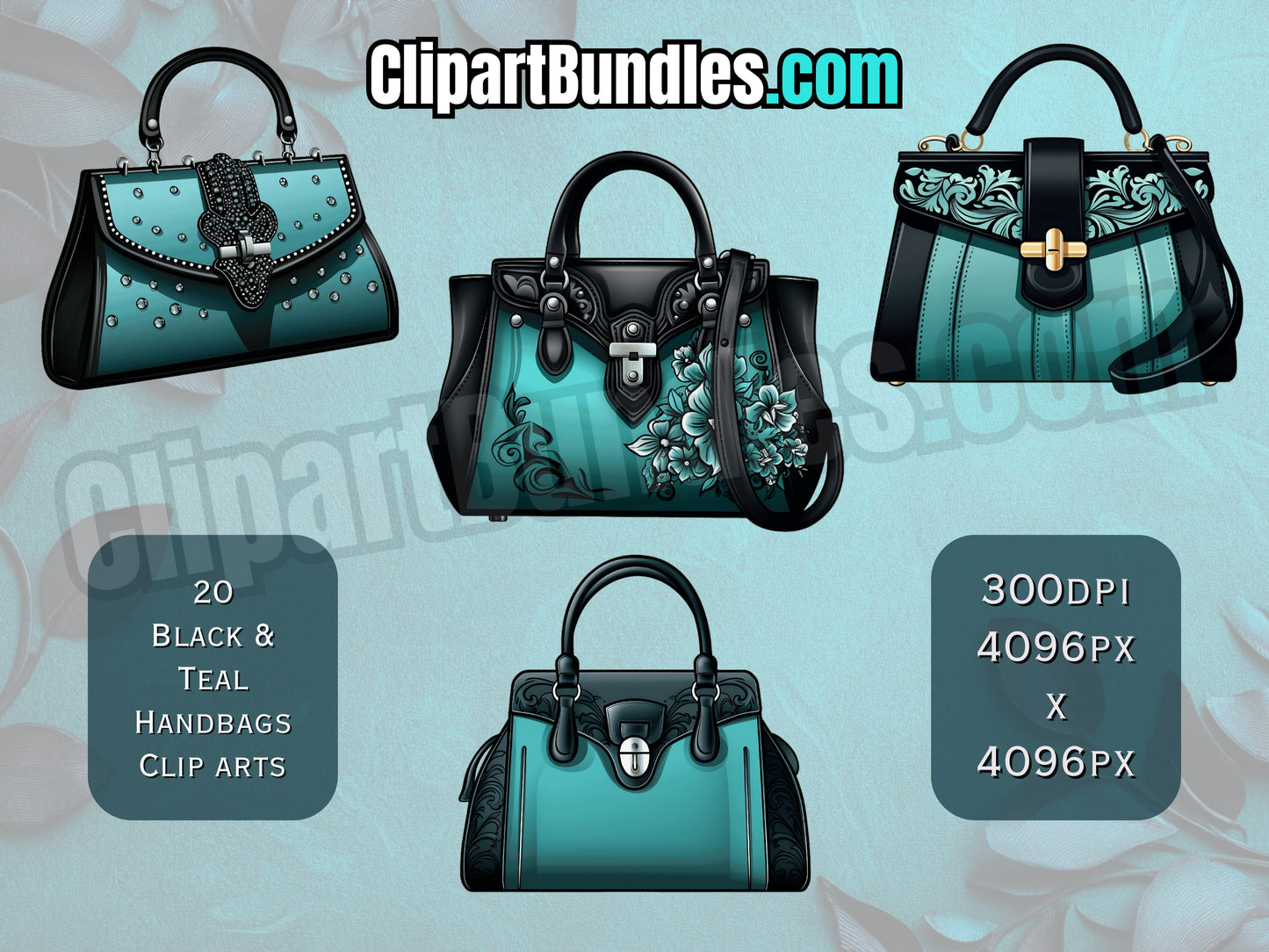 20 x Black and Teal Handbags Clipart Bundle