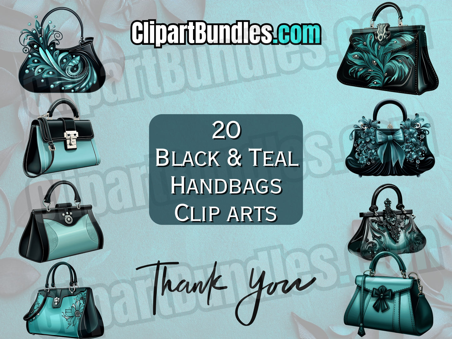 20 x Black and Teal Handbags Clipart Bundle