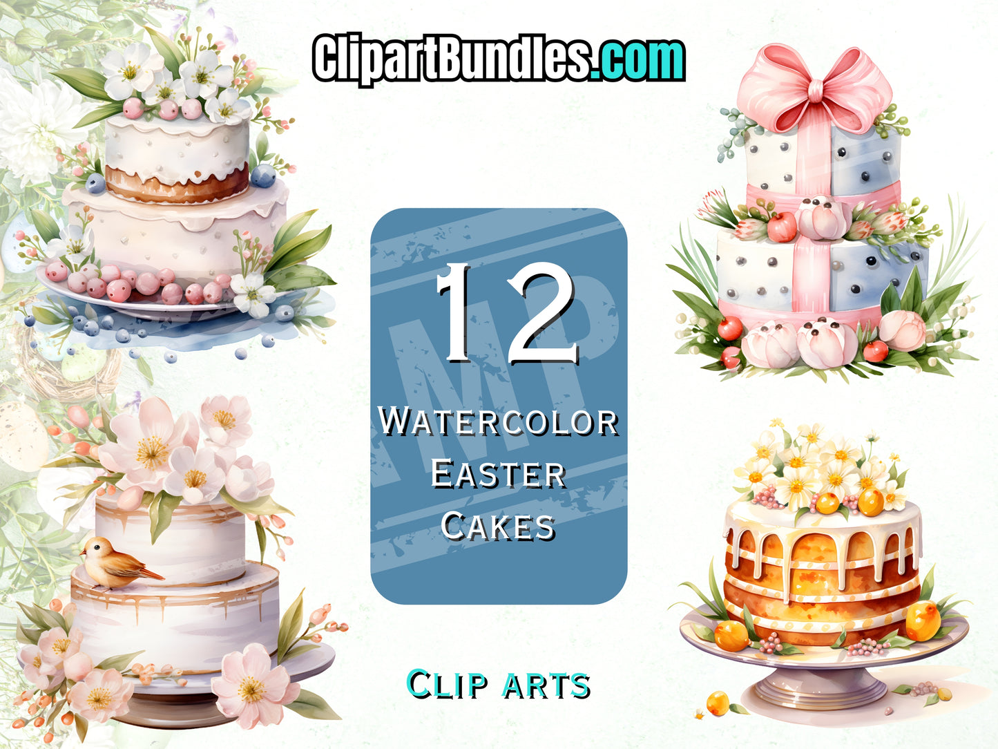 12 Watercolor Easter Cakes Clipart Bundle
