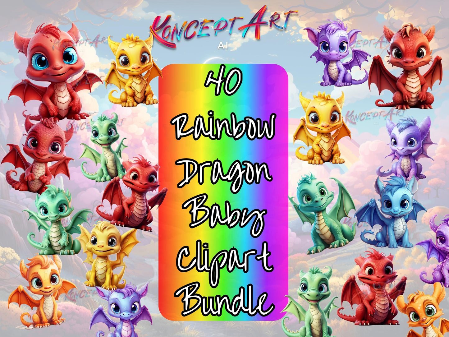 40 x Rainbow Baby Dragon Head Clipart Bundle