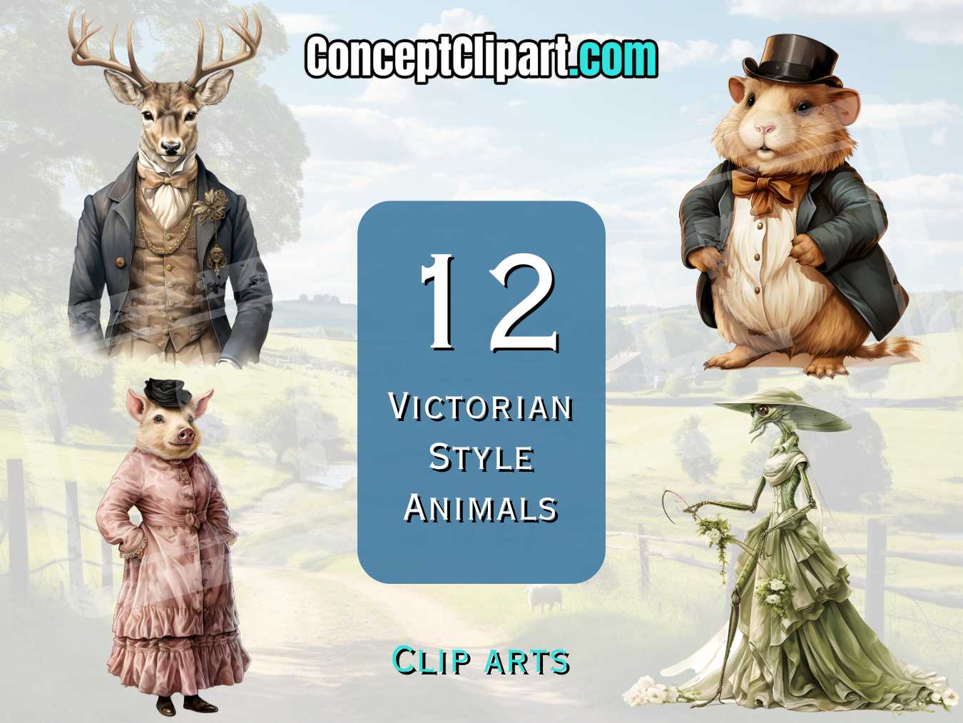 12 x Victorian Style Animals Clipart Bundle