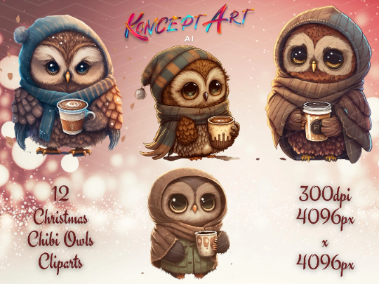 12 x Chibi Christmas Owl Clipart Bundle