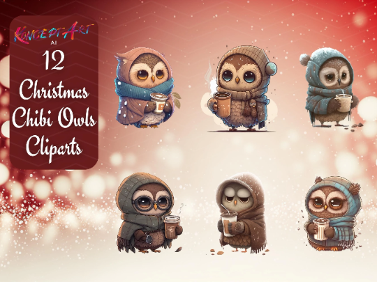 12 x Chibi Christmas Owl Clipart Bundle