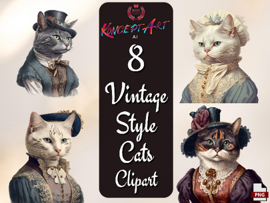 8 x Stunning Vintage Cats wearing Victorian Costumes Clipart Bundle