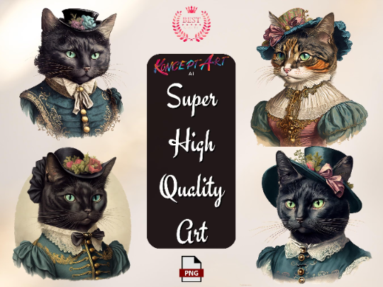 8 x Stunning Vintage Cats wearing Victorian Costumes Clipart Bundle