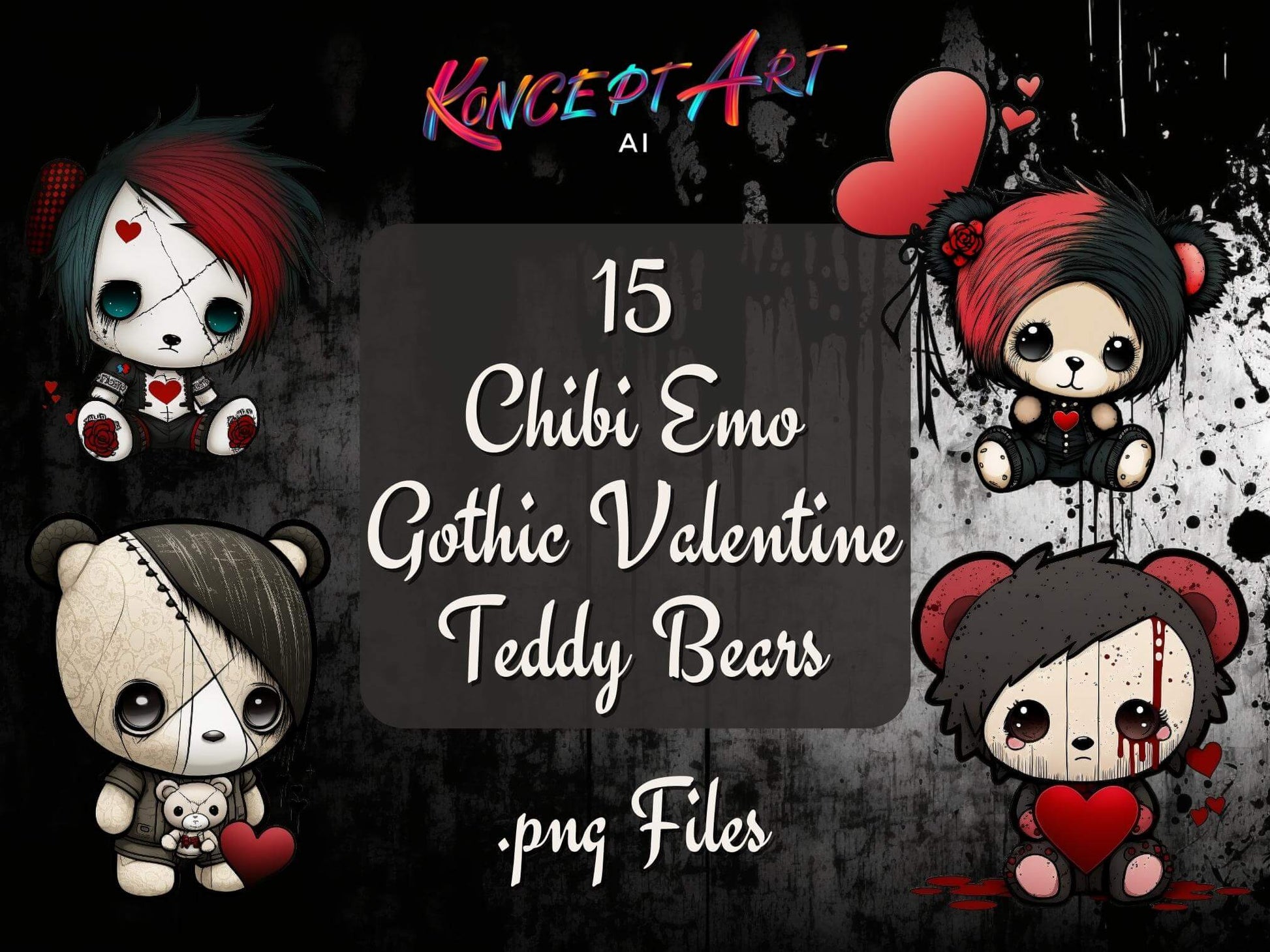 Chibi Emo Gothic Valentines Teddy Bears Clipart Bundle