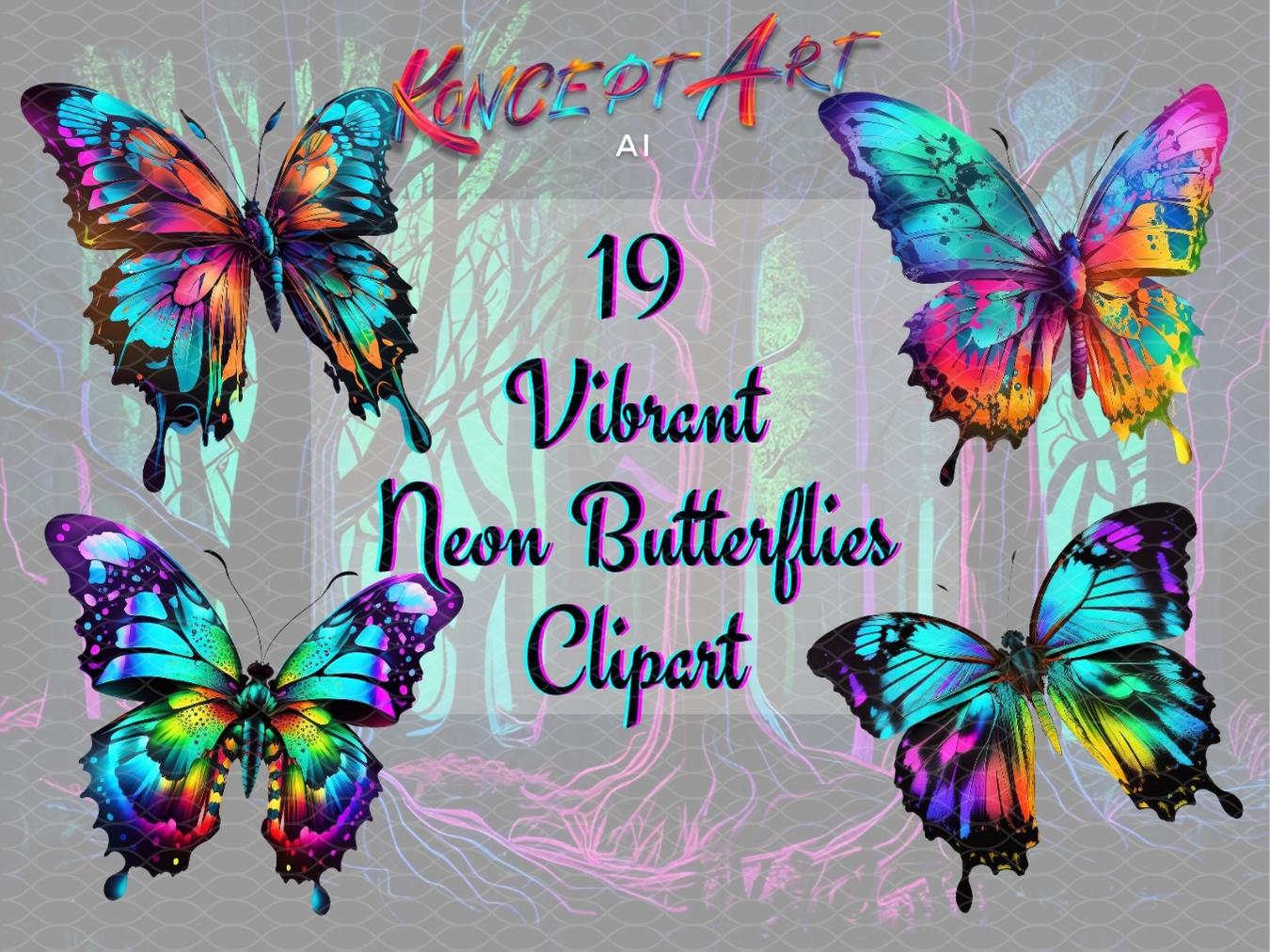 19 x Vibrant Neon Butterflies Clipart Bundle