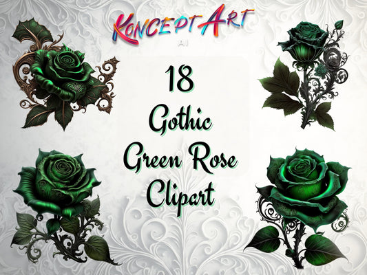 18 x Beautiful Green Gothic Roses Clipart Bundle