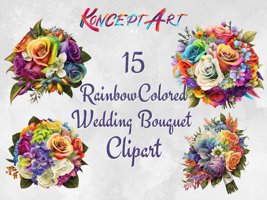 15 x Beautiful Rainbow Colored Wedding Bouquet Clipart Bundle