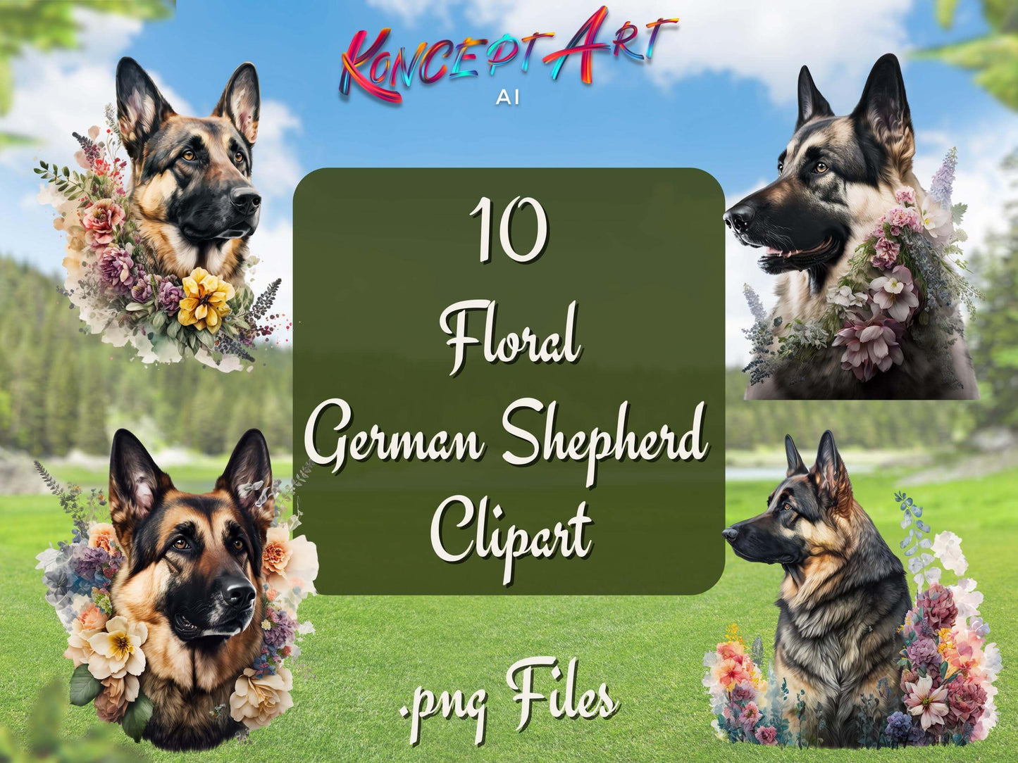 Floral German Shepherd Clipart Bundle