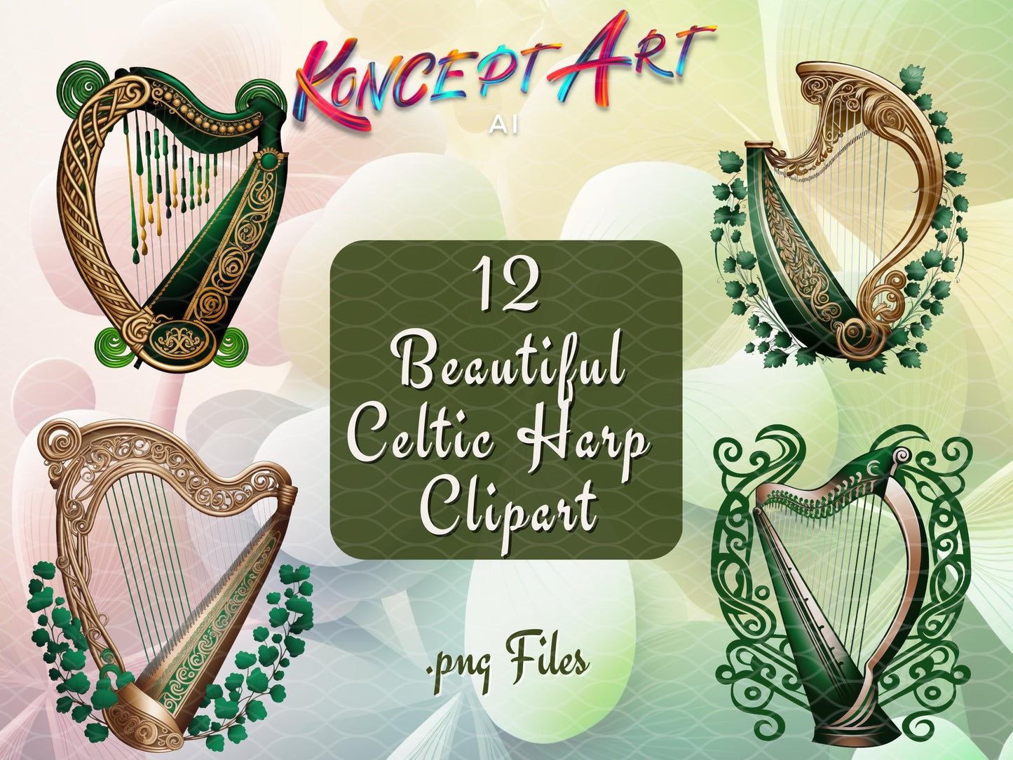 8 x St. Patrick's Day Celtic Harp Clipart Bundle