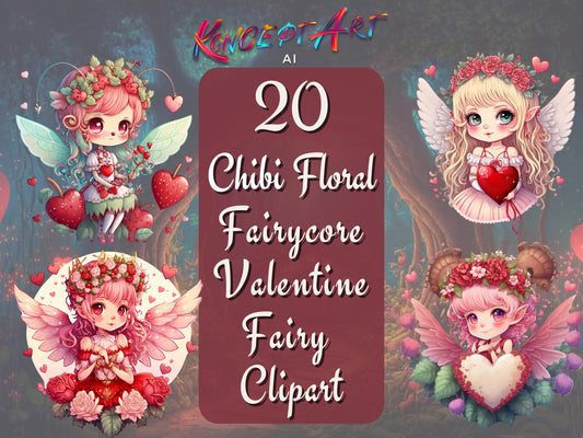 Chibi Floral Fairycore Valentine Fairy Clipart Bundle