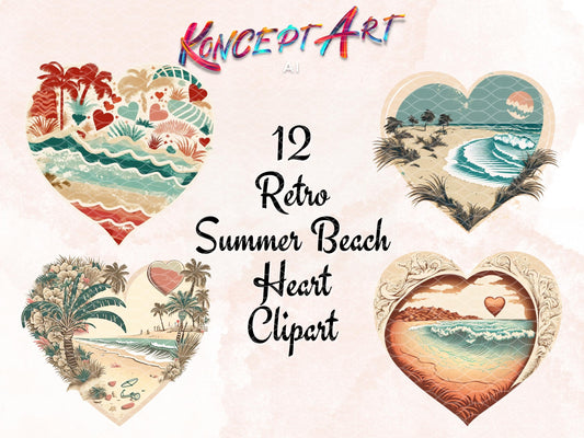 12 Retro Beach Heart Clipart Bundle