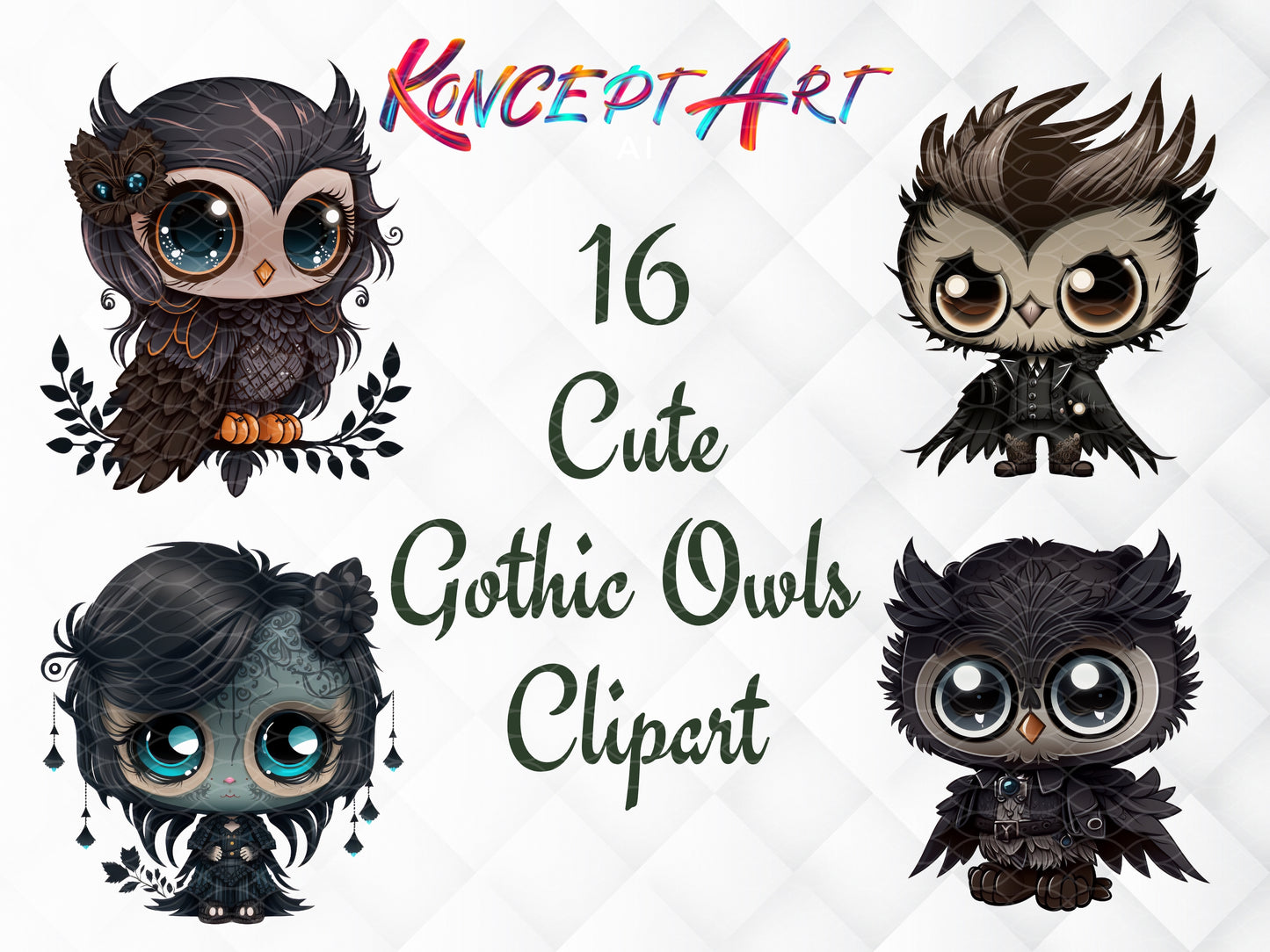 16 x Cute Chibi Gothic Owl Clipart Bundle