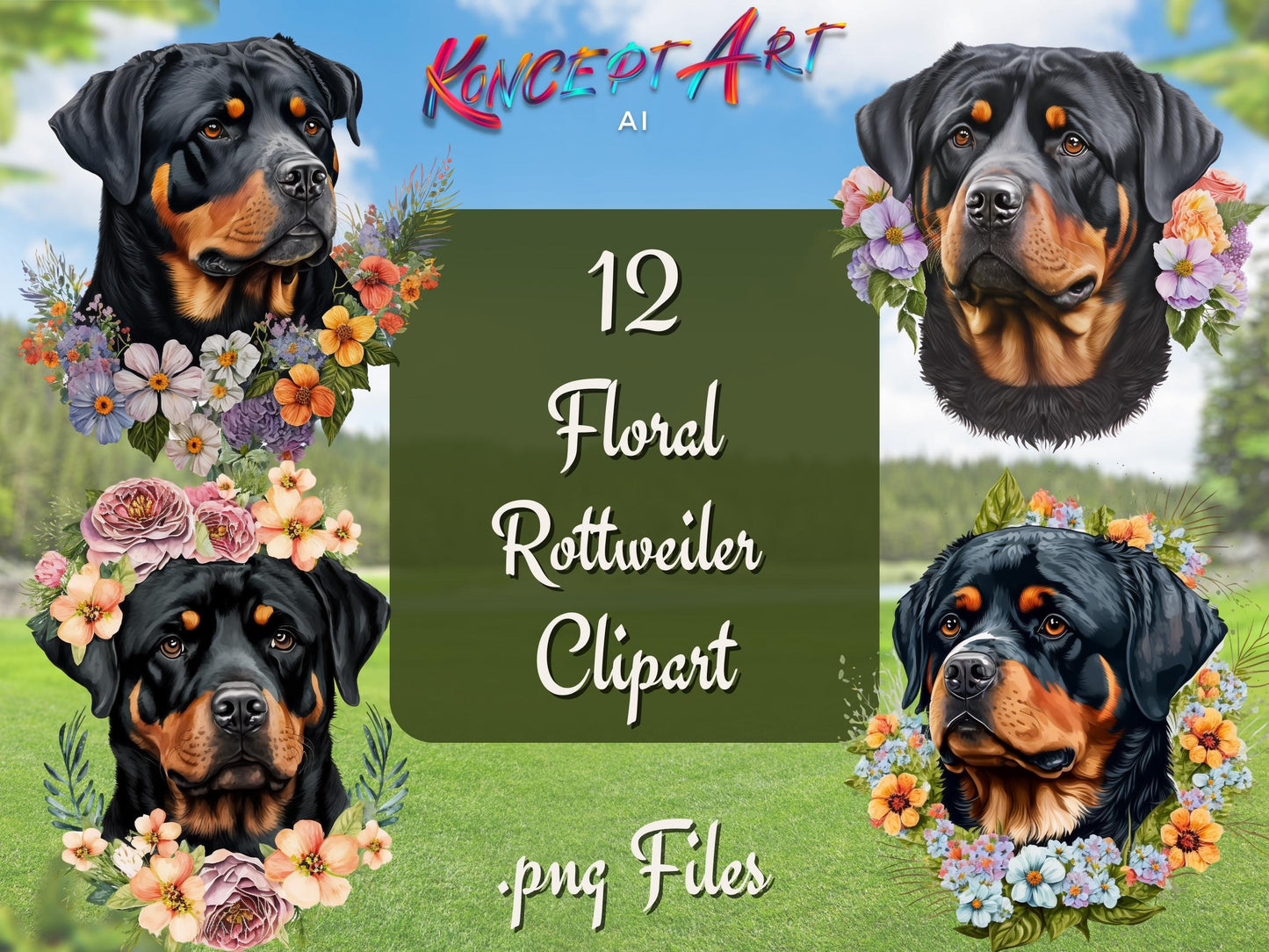 12 x Floral Rottweiler Clipart Bundle