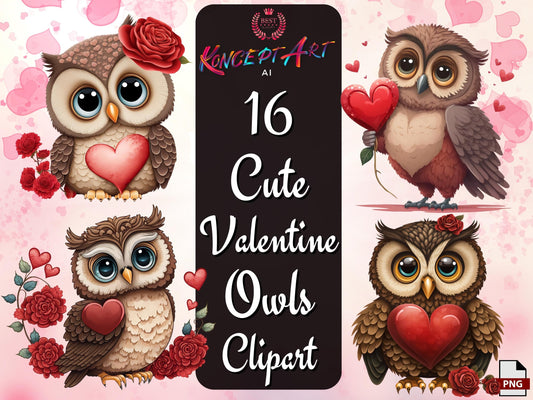 16 x Cute Valentine Owl Cliparts Bundle