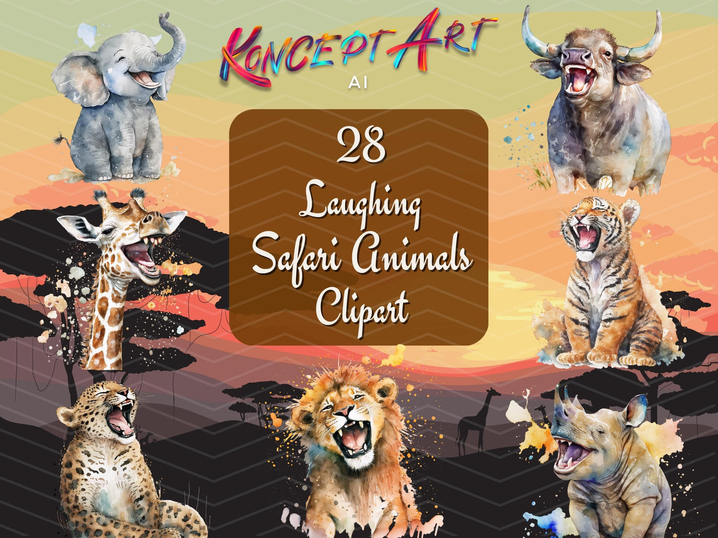 28 Cute Laughing Safari Animals Clipart Bundle