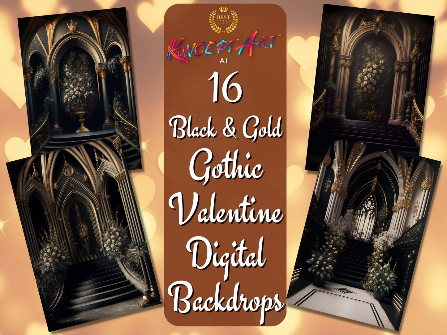 Black and Gold Valentine Digital Gothic Church Backdrops